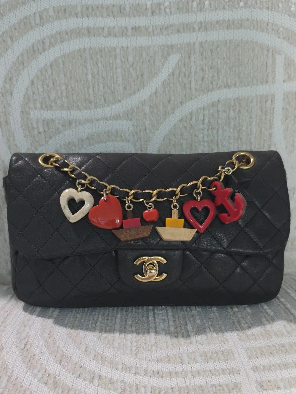 CHANEL ValentineBlack Quilted Leather Shoulder Bag with Charm Chain